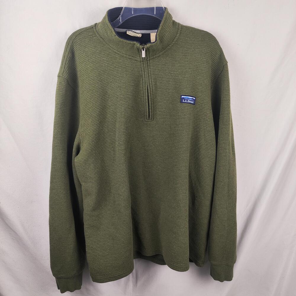 L.L. Bean Sweater Mens XL Green Waffle Knit 1/4 Zip Mock Neck Thermal Pullover